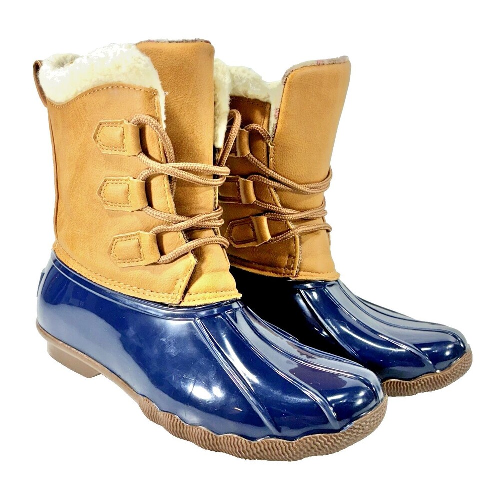 Jessica Carlyle Gavin Ankle Duck Boots Navy & Brown Women Size 8.5